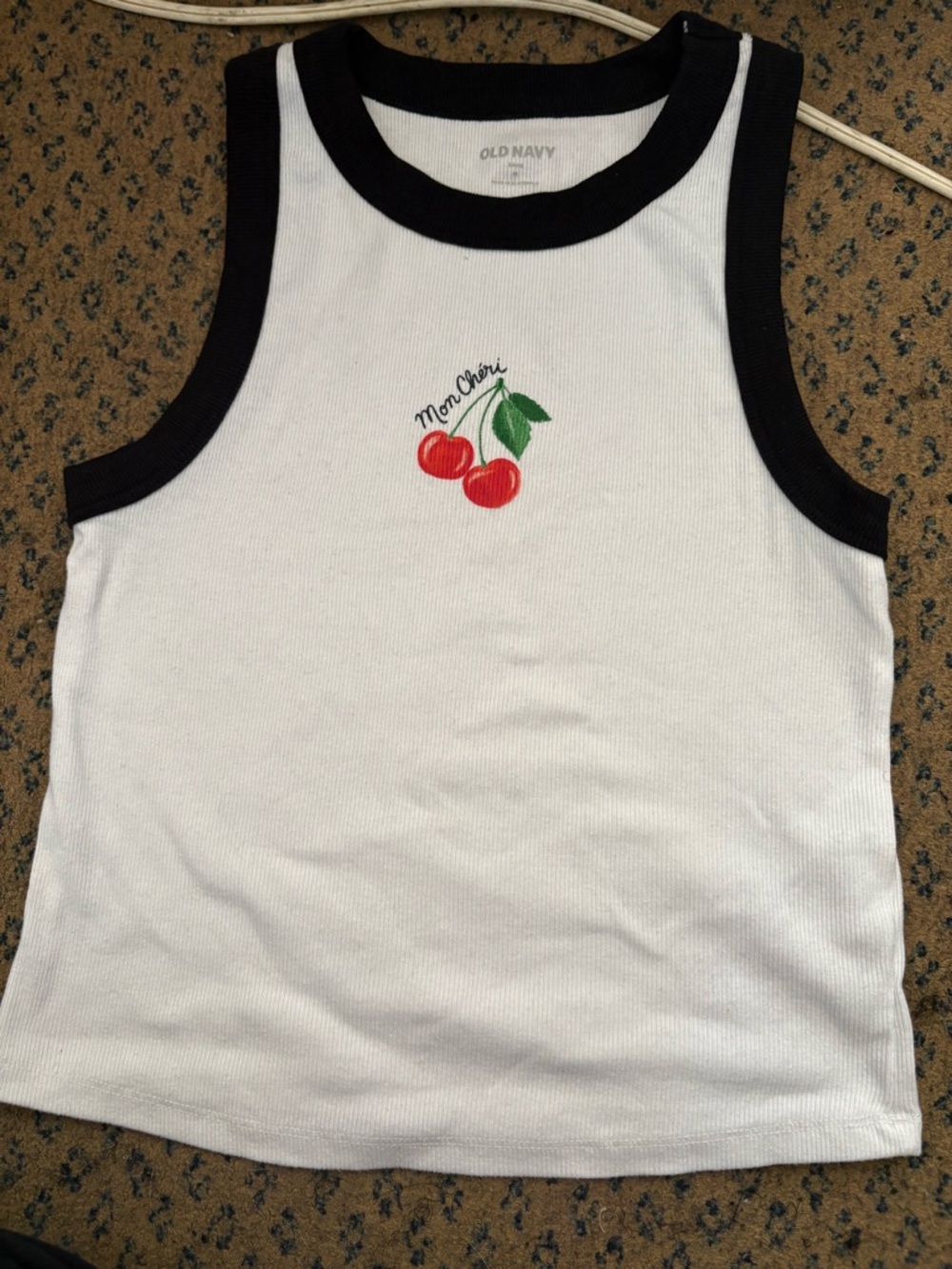 Old Navy White Tank Top with Black Trim and Red Cherry Graphic - Kids